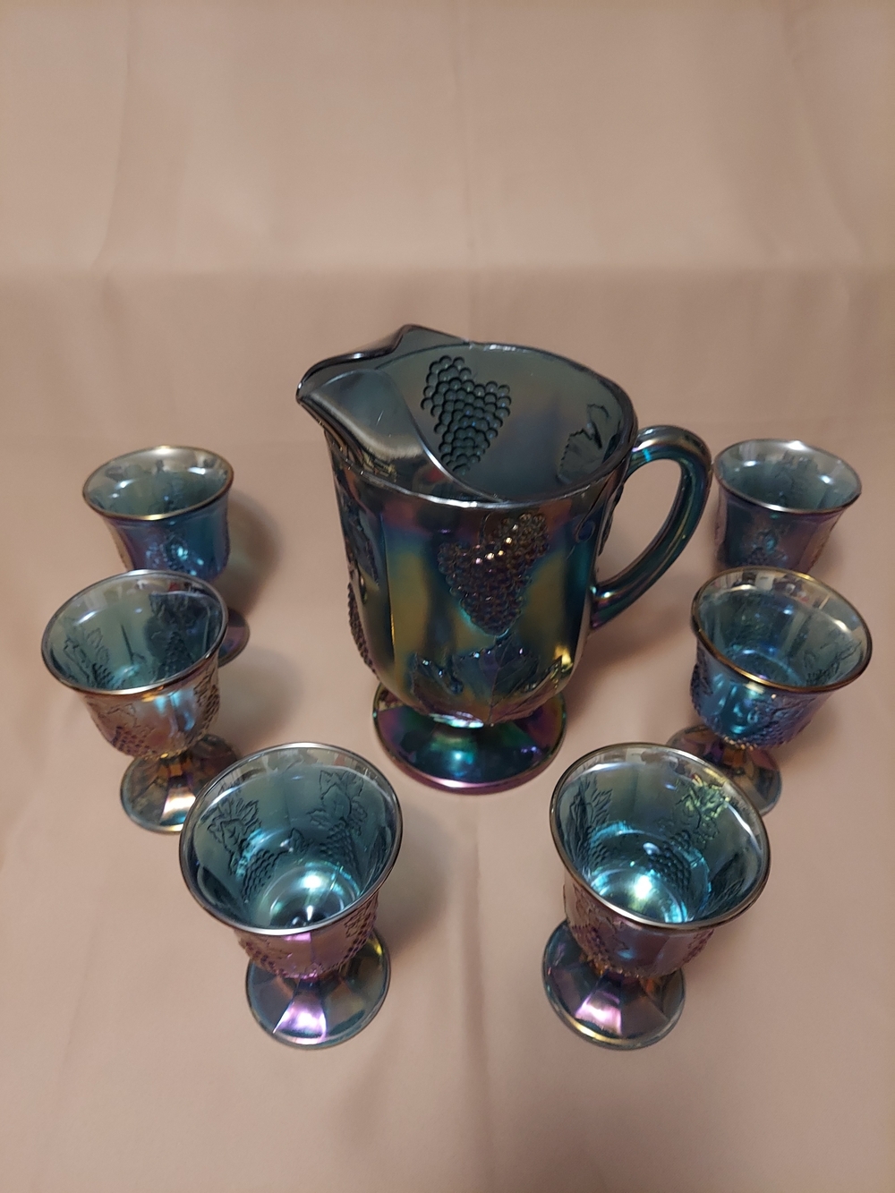Carnival Glass Grape Pattern Pitcher and Goblet Set - Iridescent Blue